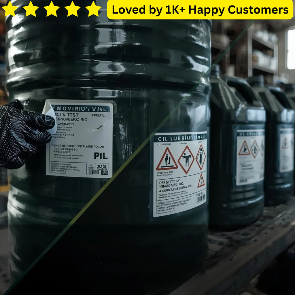 Large black oil drums with labels on a warehouse shelf, loved by 1K+ happy customers text at the top. Lubricant Oil Labelling Near Me | SANS 10234 Compliant
