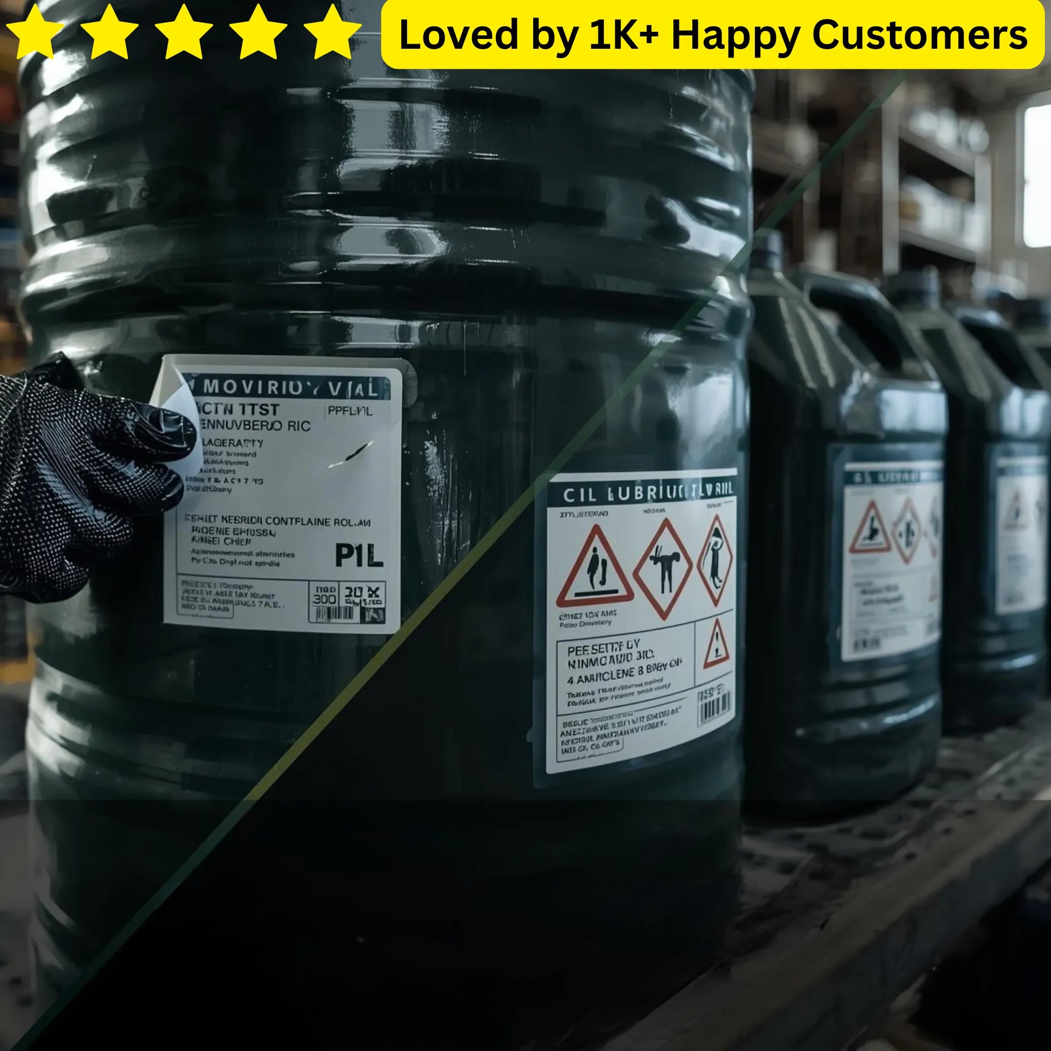 Large black oil drums with labels on a warehouse shelf, loved by 1K+ happy customers text at the top. Lubricant Oil Labelling Near Me | SANS 10234 Compliant