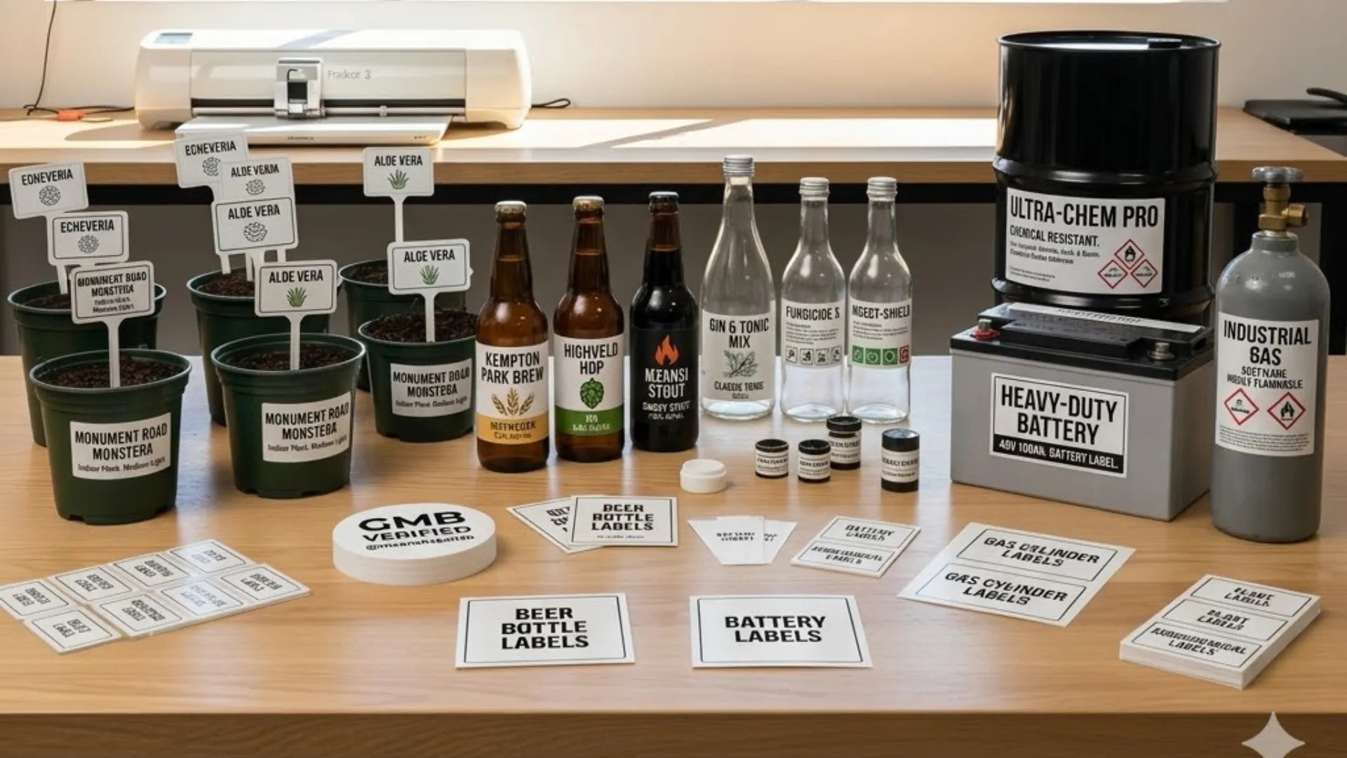 Collection of bottles, labels, and a battery on a wooden surface with a printer in the background. Custom Labels South Africa: A4 Minimum, Small Runs