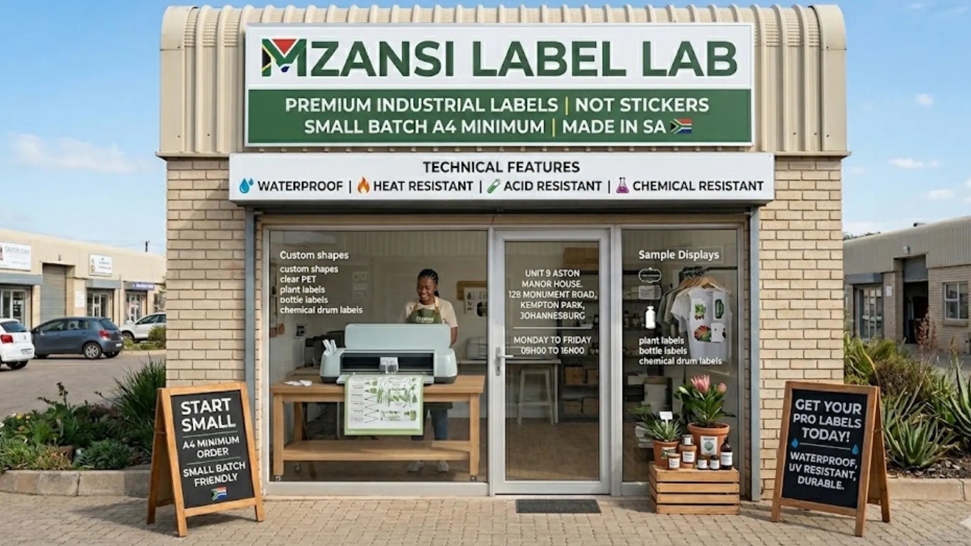 Mzansi Label Lab store front with a woman inside, displaying labels and equipment.