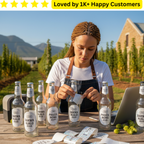 Woman in apron packaging bottles outdoors with scenic background