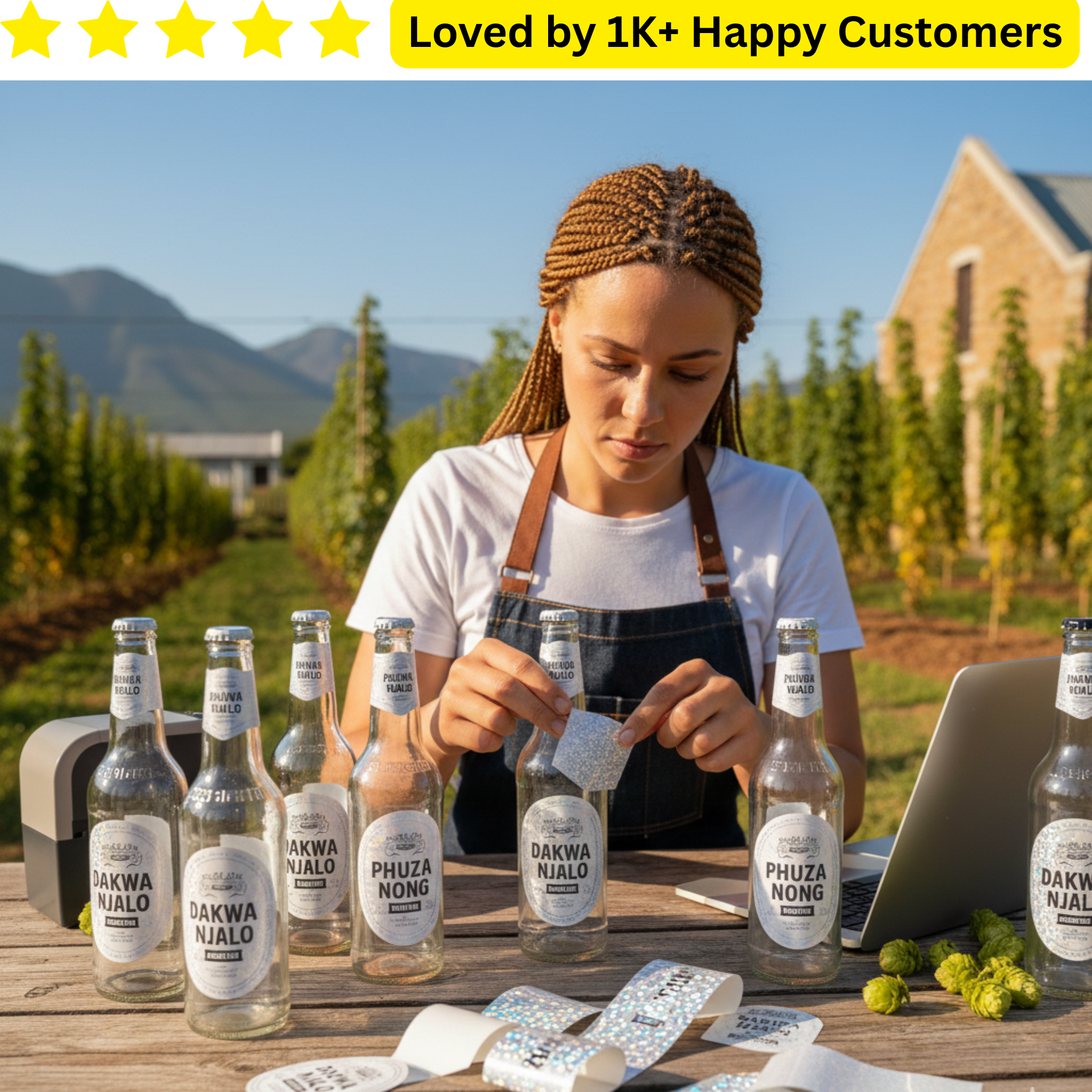 Woman in apron packaging bottles outdoors with scenic background