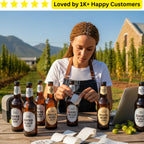 Woman in apron with beer bottles outdoors, surrounded by nature