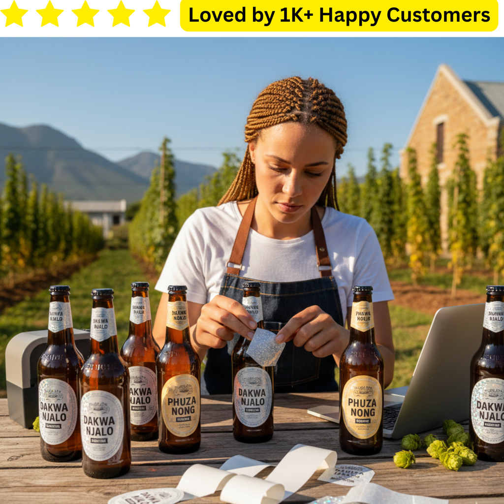 Woman in apron with beer bottles outdoors, surrounded by nature. Product Labels for Small Business | Pro Custom Branding