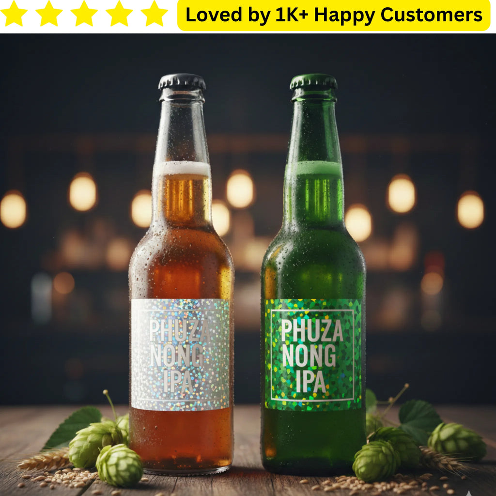 Two bottles of Phuza Nong IPA with hop cones on a wooden surface. Label Printing for Bottles | Holograhic Glass Shard Elevates Branding