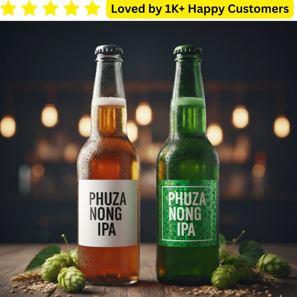 Two bottles of Phuza Nong IPA with a blurred background and text indicating customer love.