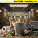 Bottles of beer in a bucket with a brewery setting, featuring a laptop and printing equipment.