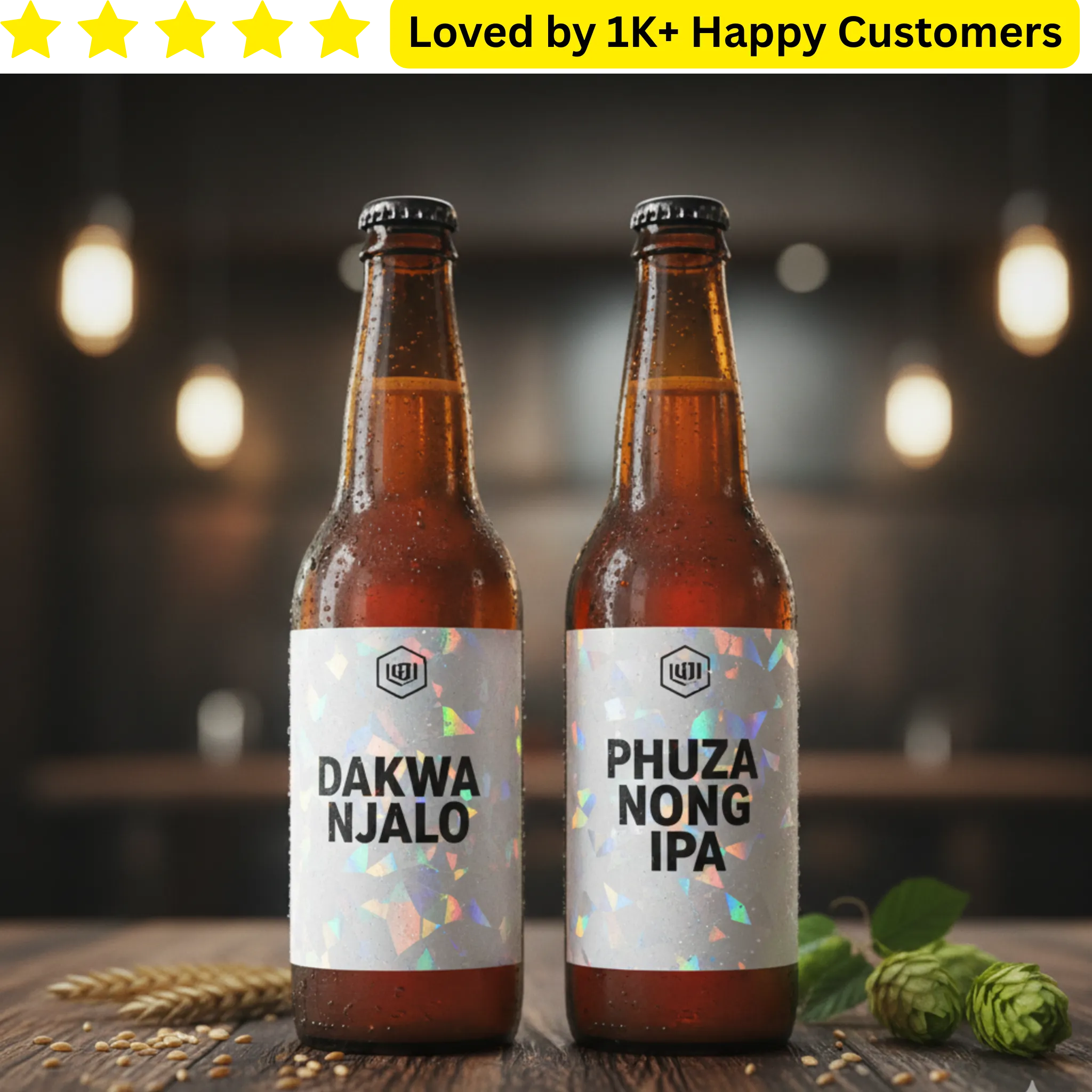 Two beer bottles with labels 'Dakwa Njalo' and 'Phuza Nong IPA' on a wooden surface with a blurred background.