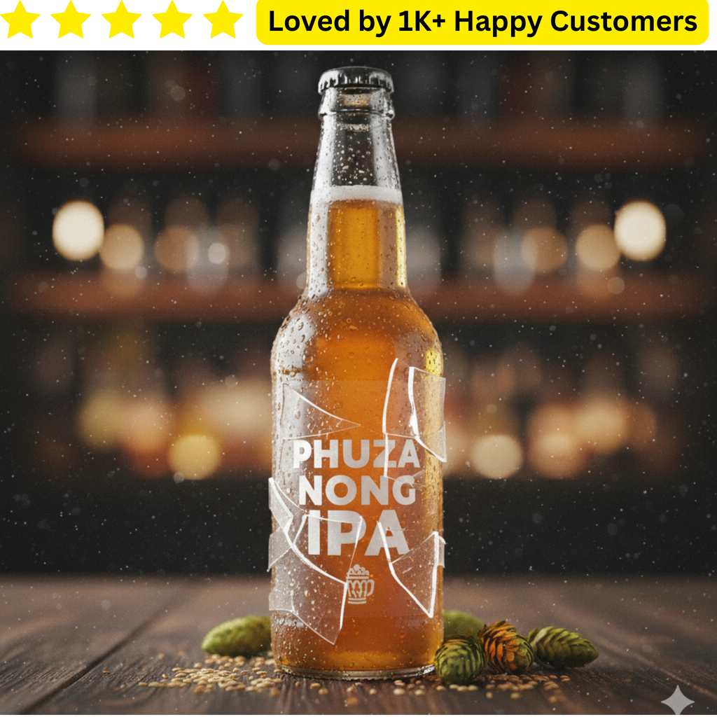 Bottle of Phuza Nong IPA with a blurred bar background and customer feedback text.