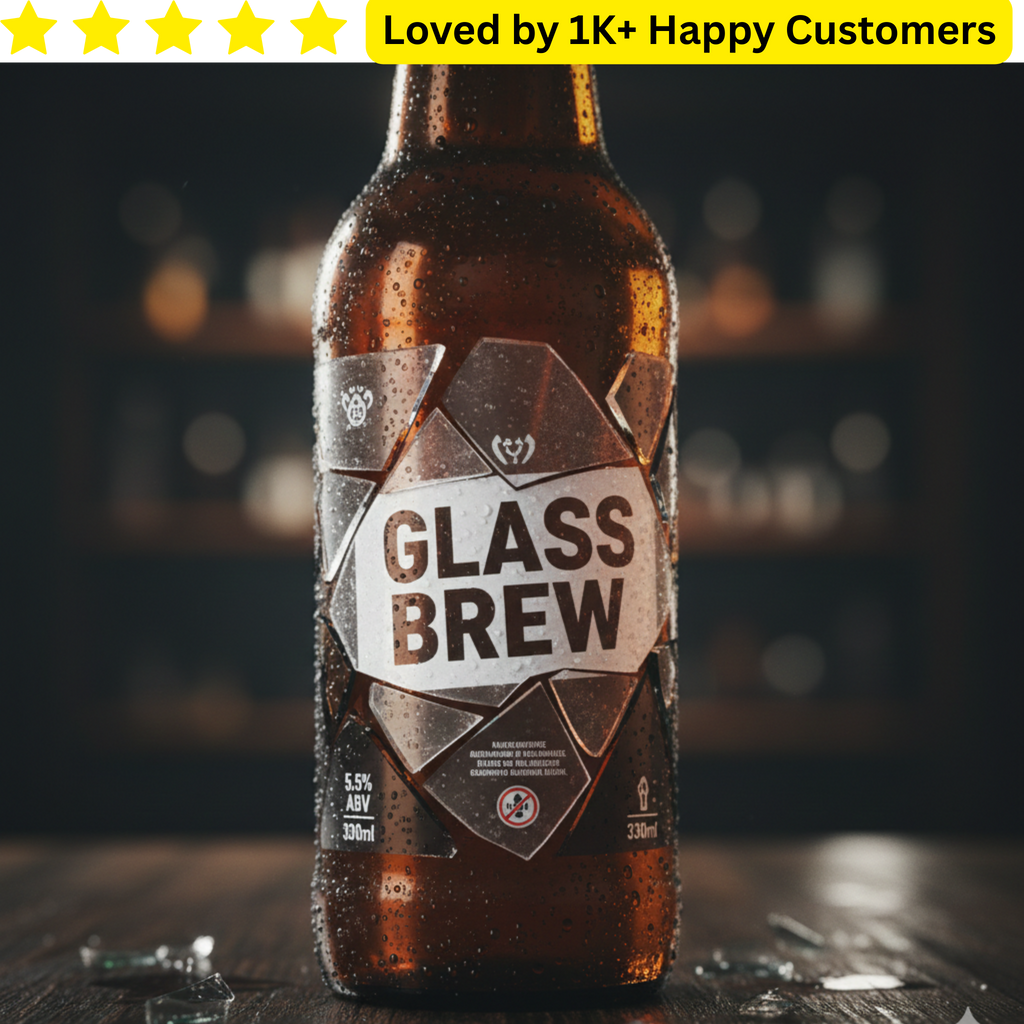 Beer bottle with 'Glass Brew' label on a dark background