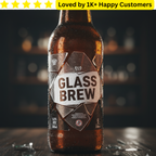 Beer bottle with 'Glass Brew' label on a dark background