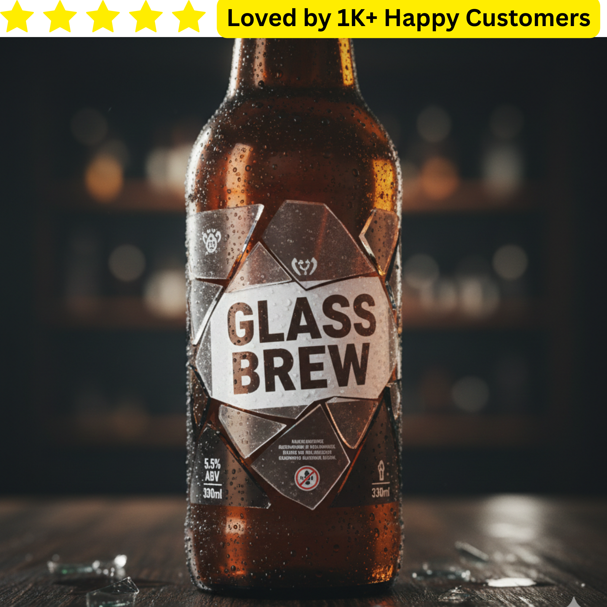 Beer bottle with 'Glass Brew' label on a dark background