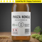 Bottle of Phuza Nong craft lager with a label on a wooden surface.