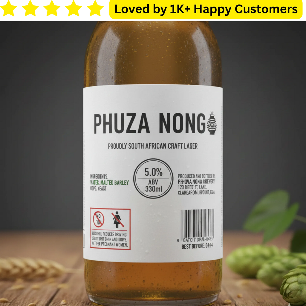 Bottle of Phuza Nong craft lager with a label on a wooden surface.