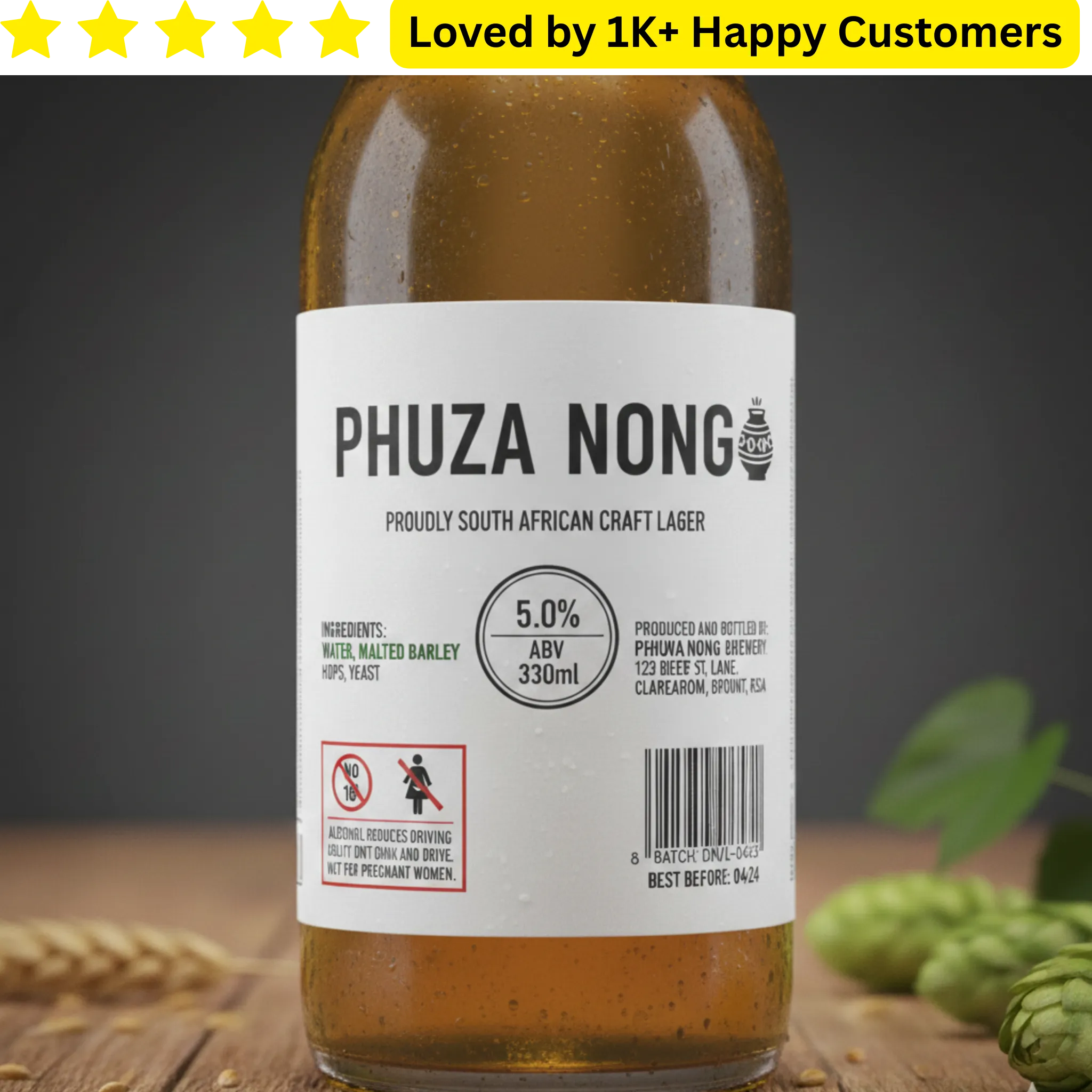 Bottle of Phuza Nong craft lager with a label on a wooden surface.