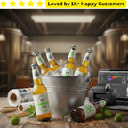 Bottles of beer in a bucket with a laptop and printer in a brewery setting