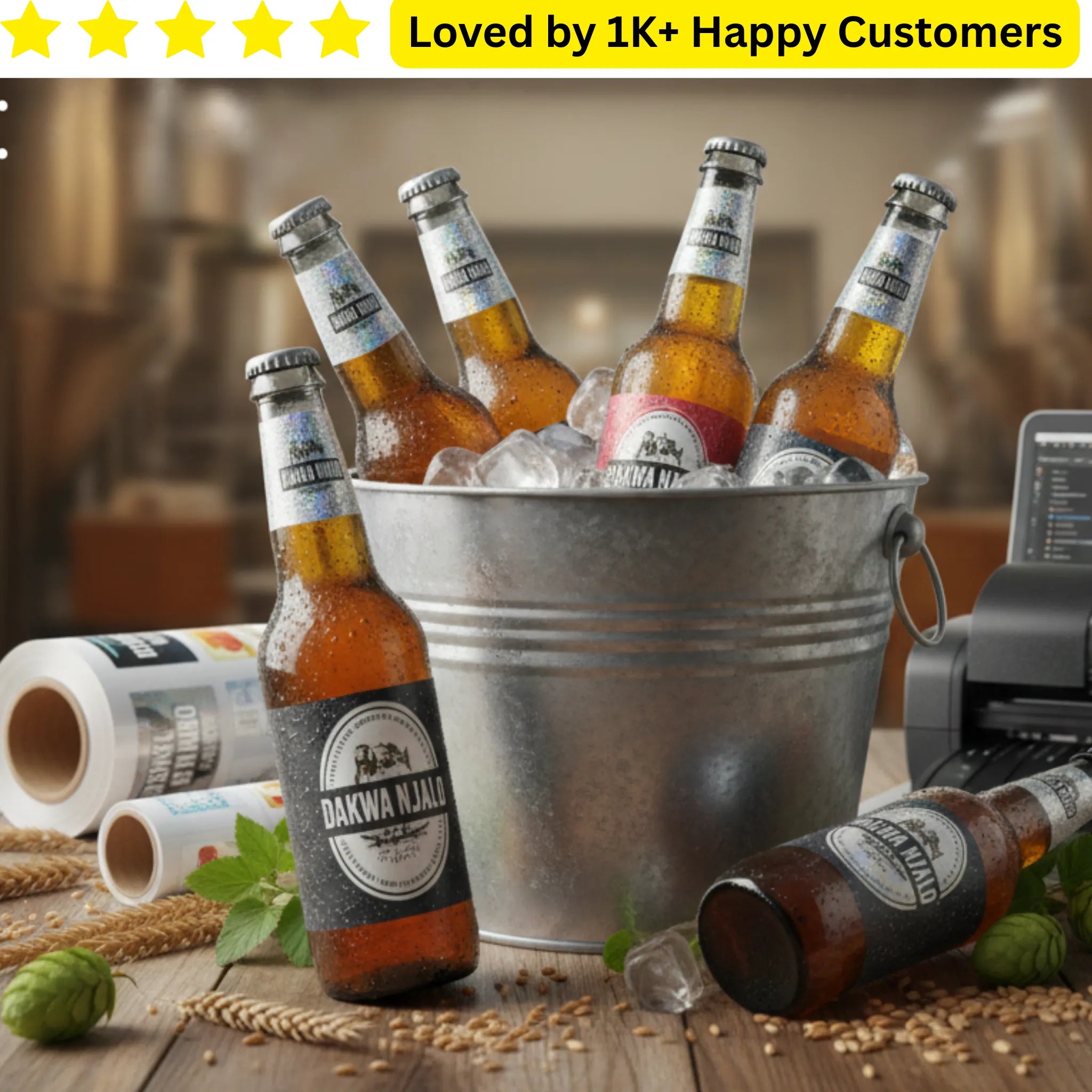Bottles of Dakwa Njalo beer in a bucket with a rustic background