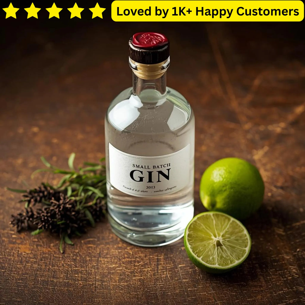 Bottle of small batch gin with limes and lavender on a wooden surface, surrounded by text about customer love. Expert Printing Labels Cape Town | Get Pro Designs Now