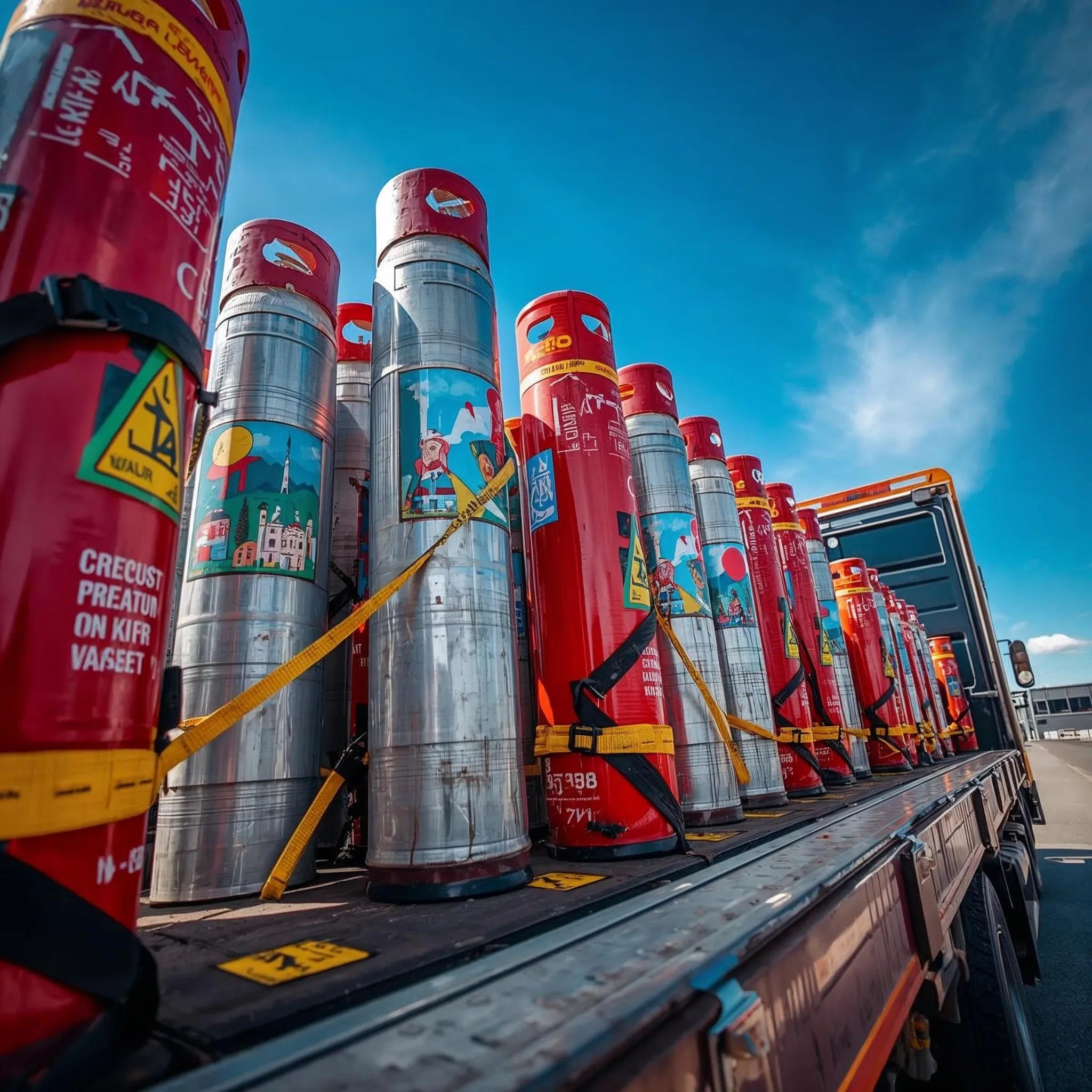 Truck carrying large cylindrical tanks with various labels against a blue sky. Bakkie-Proof™ Industrial Gas &  Cylinder Labels 🏷️🔥