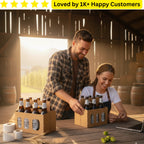 Two people unboxing beer bottles in a rustic setting with a laptop on a wooden table.