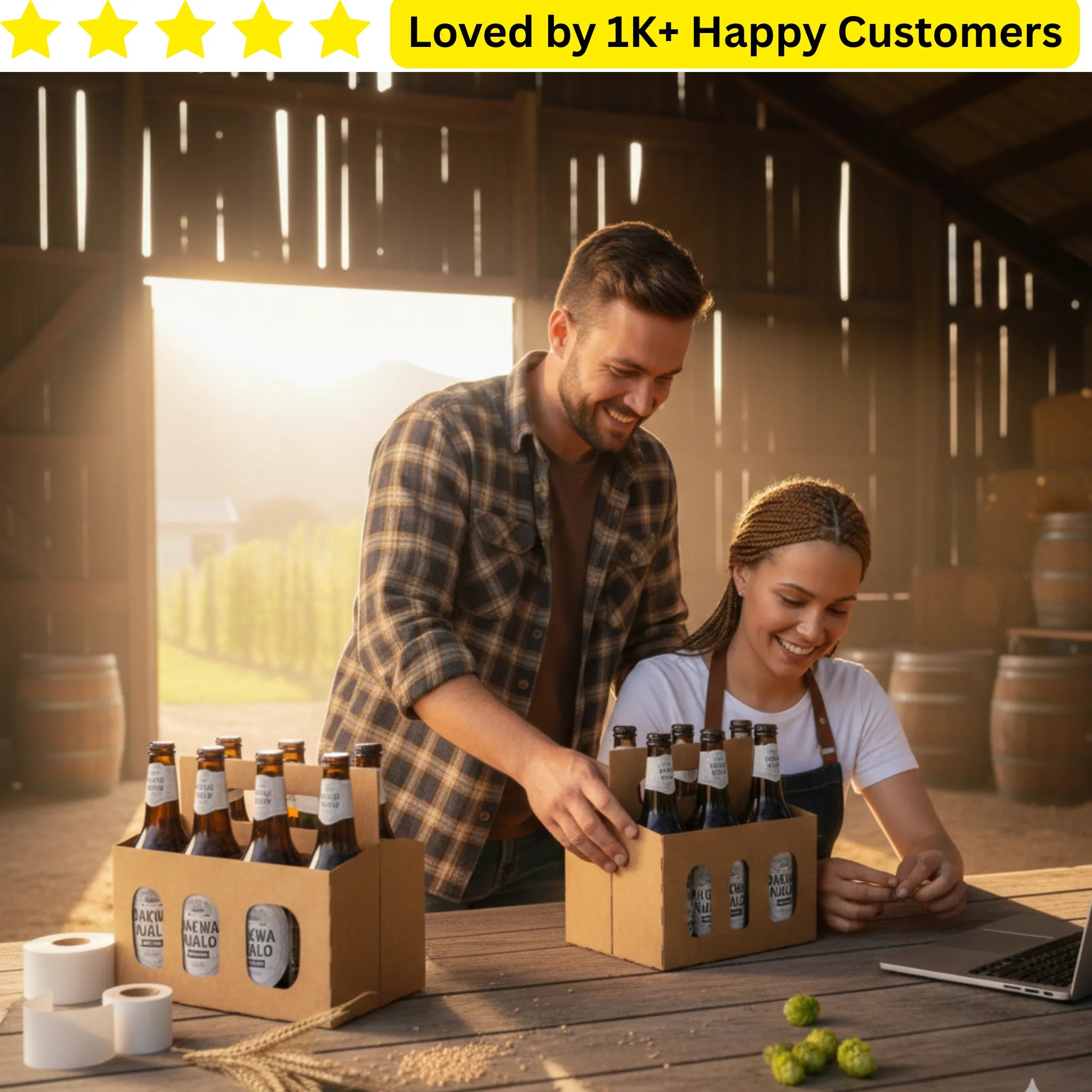 Two people unboxing beer bottles in a rustic setting with a laptop on a wooden table.