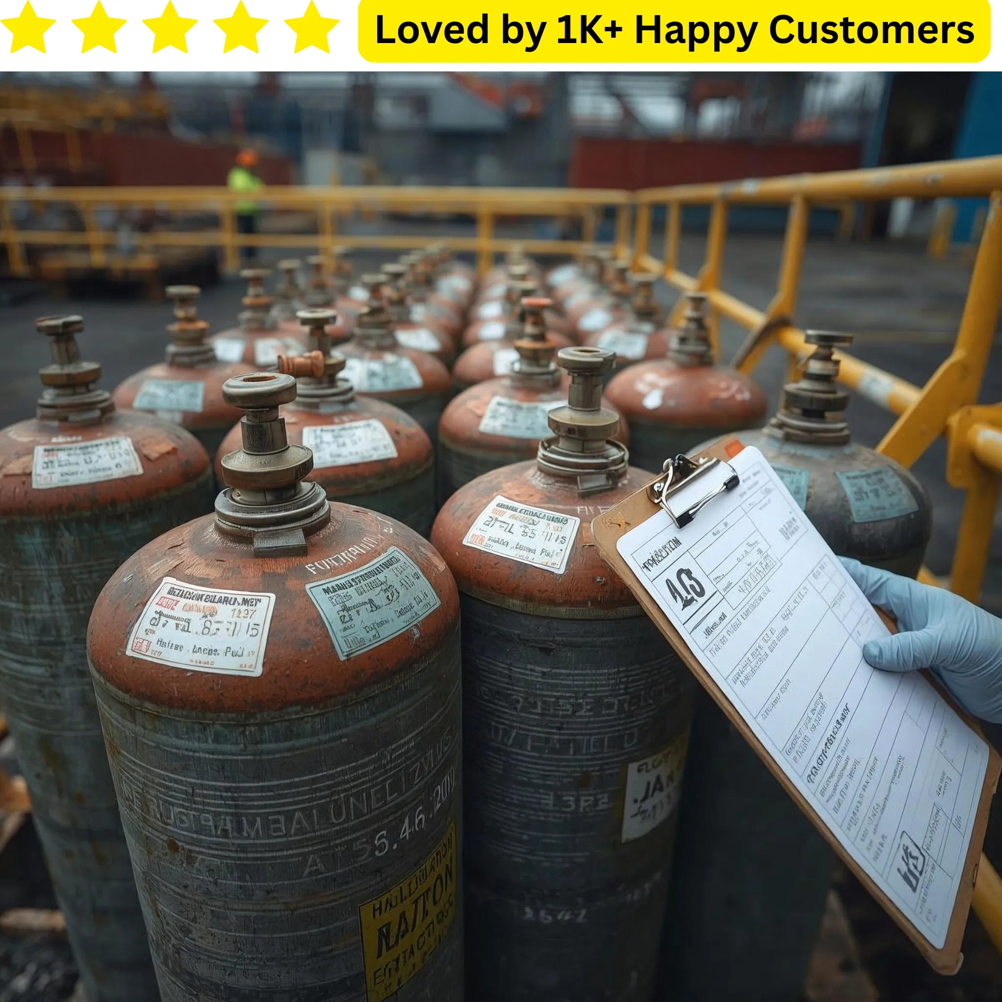 Multiple rusted gas cylinders with a clipboard held by a gloved hand, set against an industrial background. Bakkie-Proof™ Industrial Gas &  Cylinder Labels 🏷️🔥