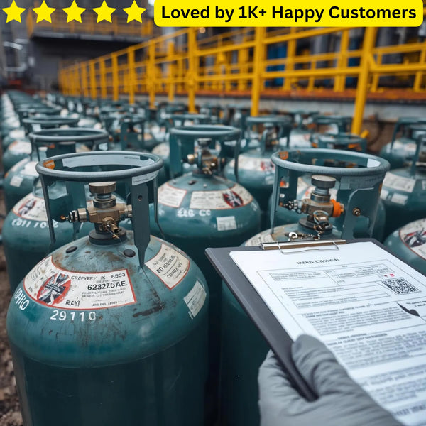 Multiple green gas cylinders with a clipboard and gloved hand holding a document, set against an industrial background. Bakkie-Proof™ Industrial Gas &  Cylinder Labels 🏷️🔥