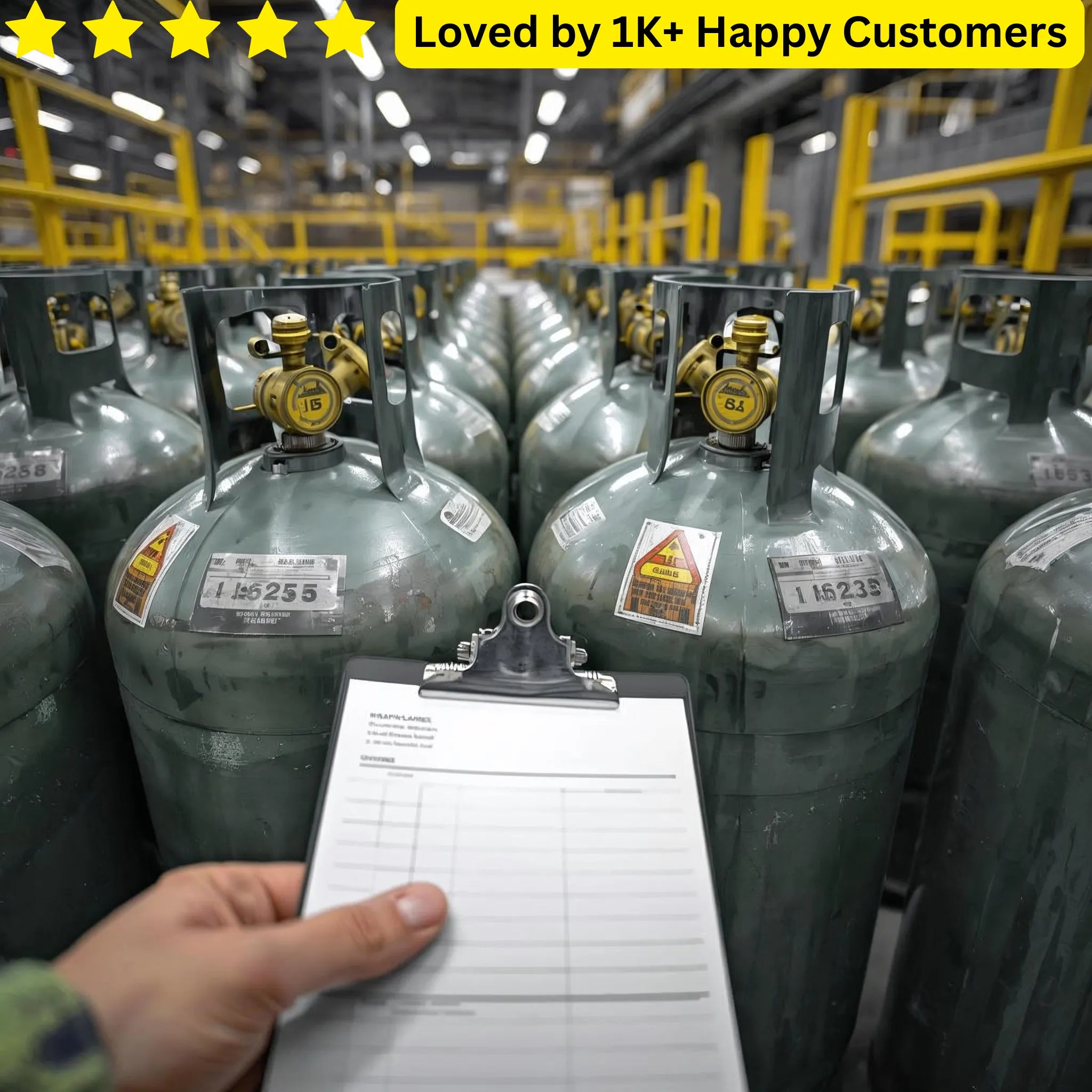 Person holding a clipboard in front of rows of large green cylinders in a warehouse setting. Bakkie-Proof™ Industrial Gas &  Cylinder Labels 🏷️🔥