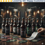 Assorted beer bottles on a bar counter with a hand holding a menu, surrounded by beer coasters.