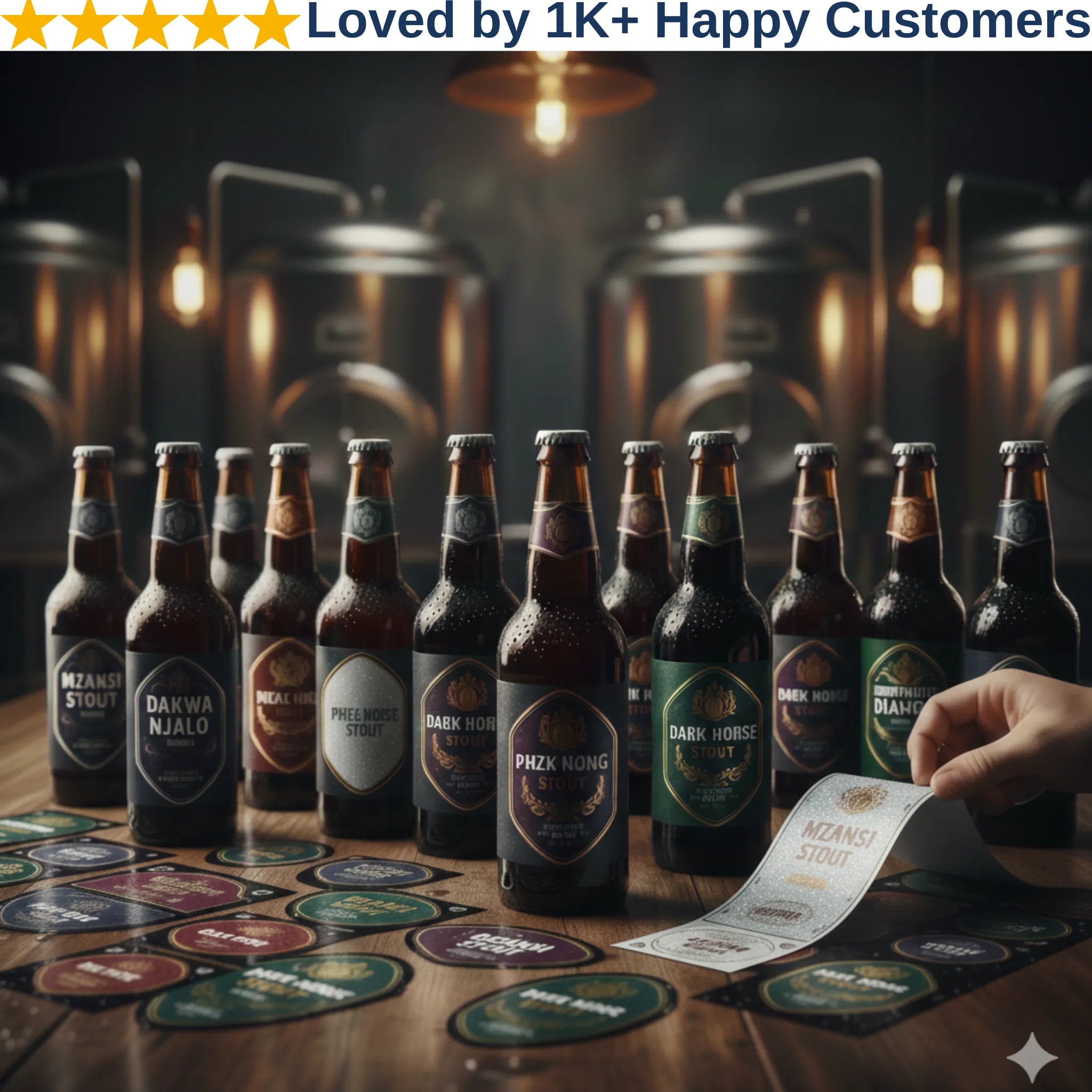 Assorted beer bottles on a bar counter with a hand holding a menu, surrounded by beer coasters.