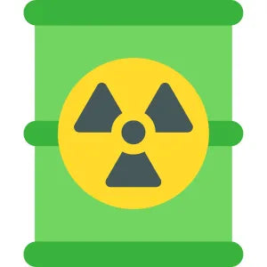 Green barrel with a yellow radiation symbol on a white background. petrochemical labels