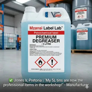 Mzansi Label Lab Premium Degreaser container in a warehouse setting. Expert Printing Labels Cape Town | Get Pro Designs Now