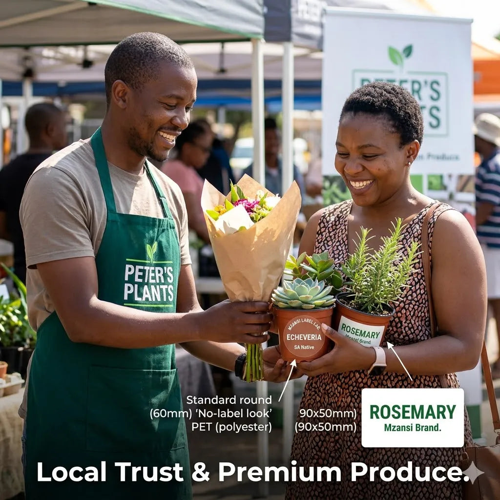 Man in a 'Peter's Plants' apron interacting with a woman holding plants and flowers at an outdoor market. Durable Plant Labels: Waterproof & UV-Resistant
