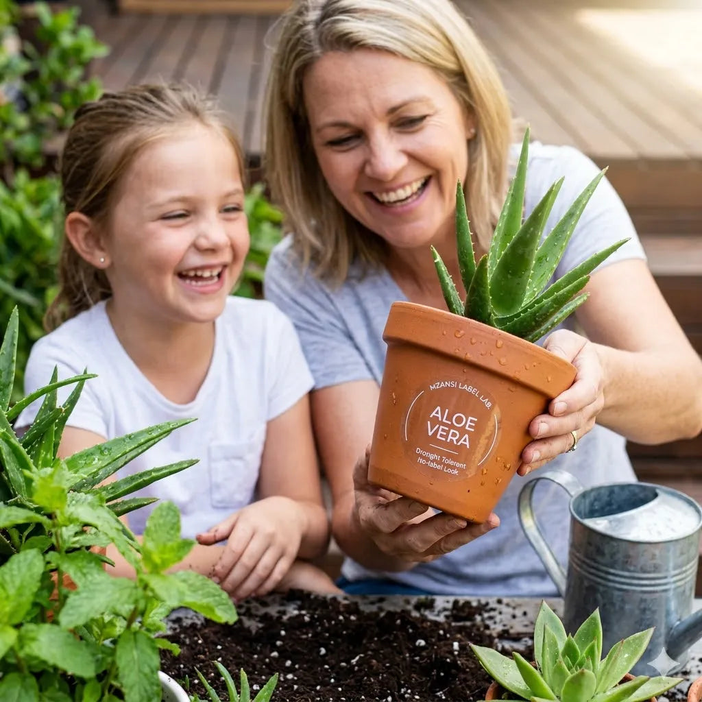Woman and child holding a potted aloe vera plant in an outdoor setting. Durable Plant Labels: Waterproof & UV-Resistant. Expert Printing Labels Cape Town | Get Pro Designs Now. Product Labels for Small Business | Pro Custom Branding