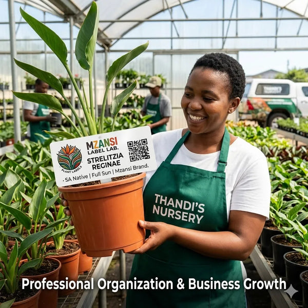 Person holding a potted plant in a greenhouse with 'Thandi's Nursery' apron