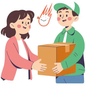 Illustration of a person handing a package to another person with a clock icon above, indicating time urgency.