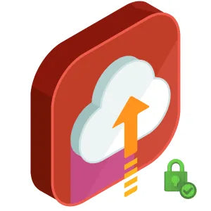 Icon of a cloud with an upload arrow and a lock, symbolizing cloud storage security.